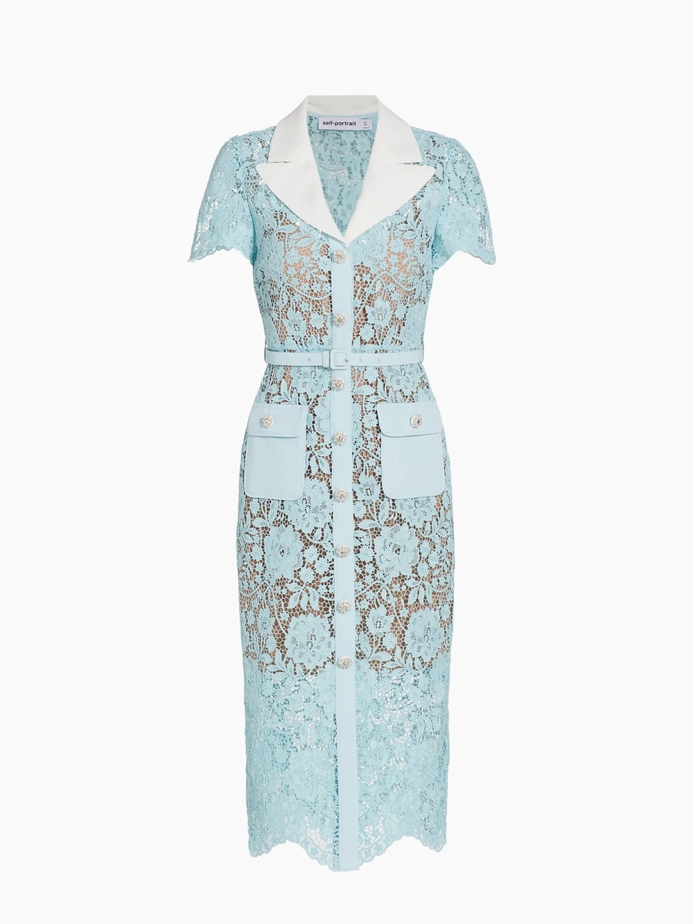 Self-Portrait Powder Blue Lace Shirt Dress with White Collar